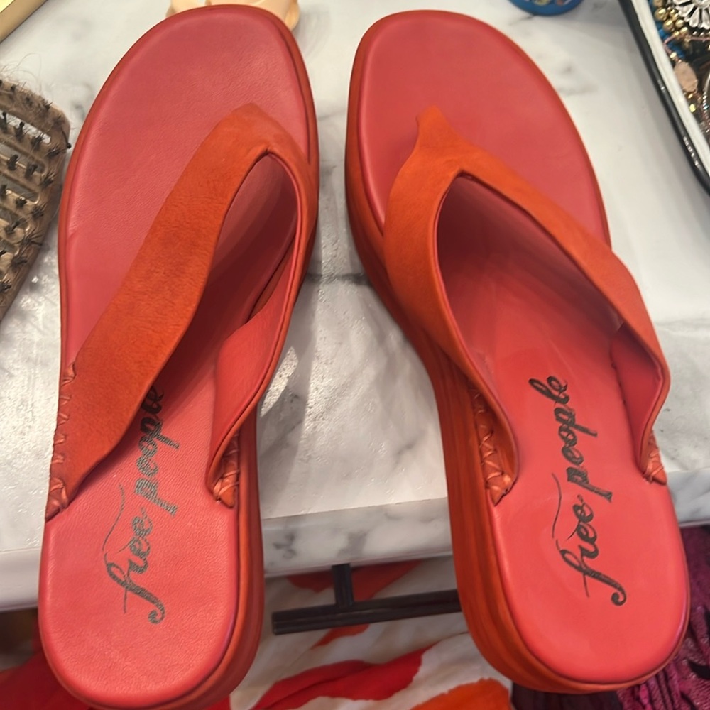 Free People Leather Haven Thong Flatform Sandal In Flame Red 38